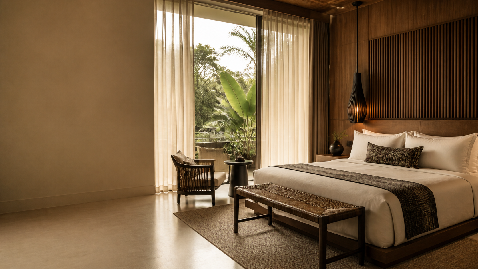 Sunlit contemporary MUSE suite with warm wood and tropical garden views