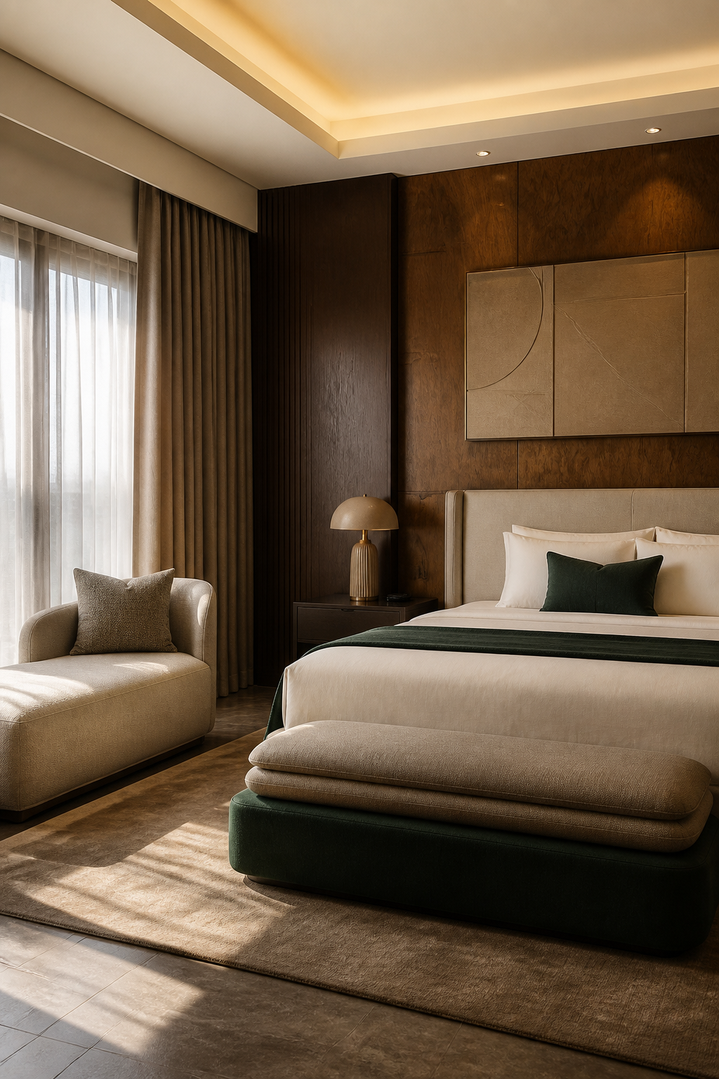 Signature suite with king bed, chaise and warm wood finishes